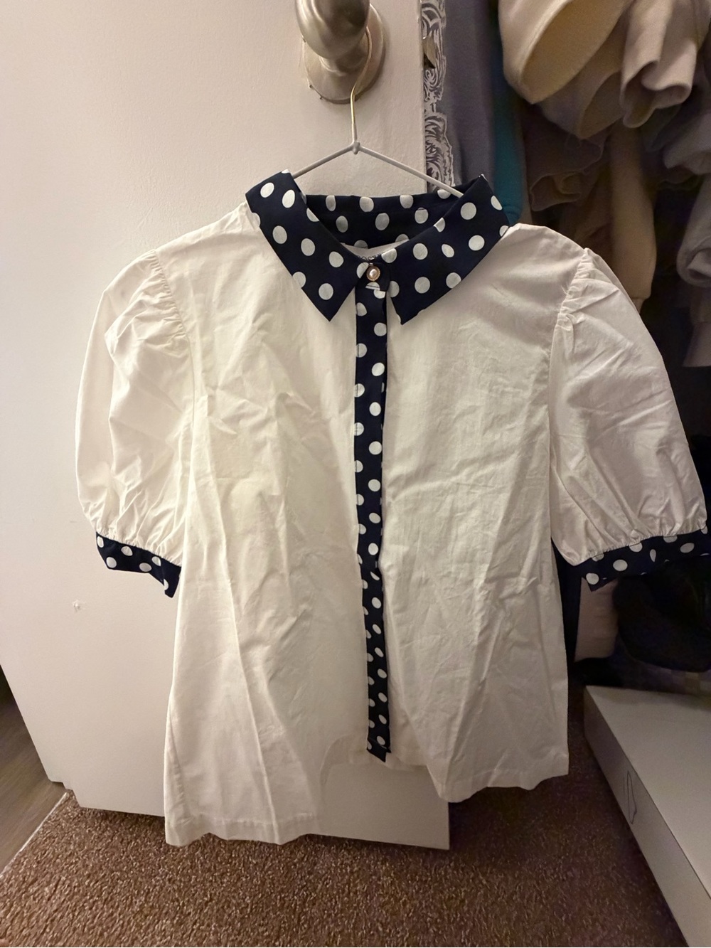 White Button-Down Blouse with Navy Polka Dot Trim